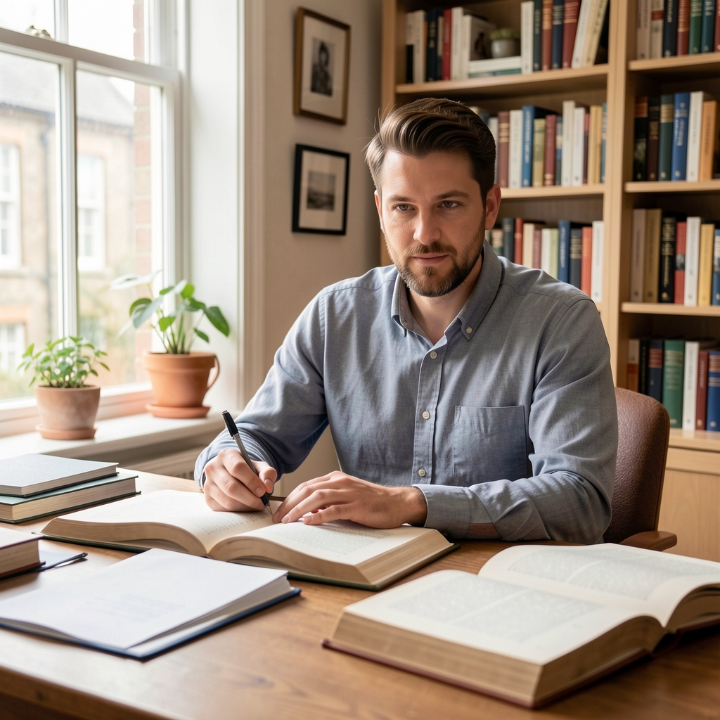 Male contributor photographed in a light-filled reading room, seated at a desk with open books, representing methodical research and editorial writing