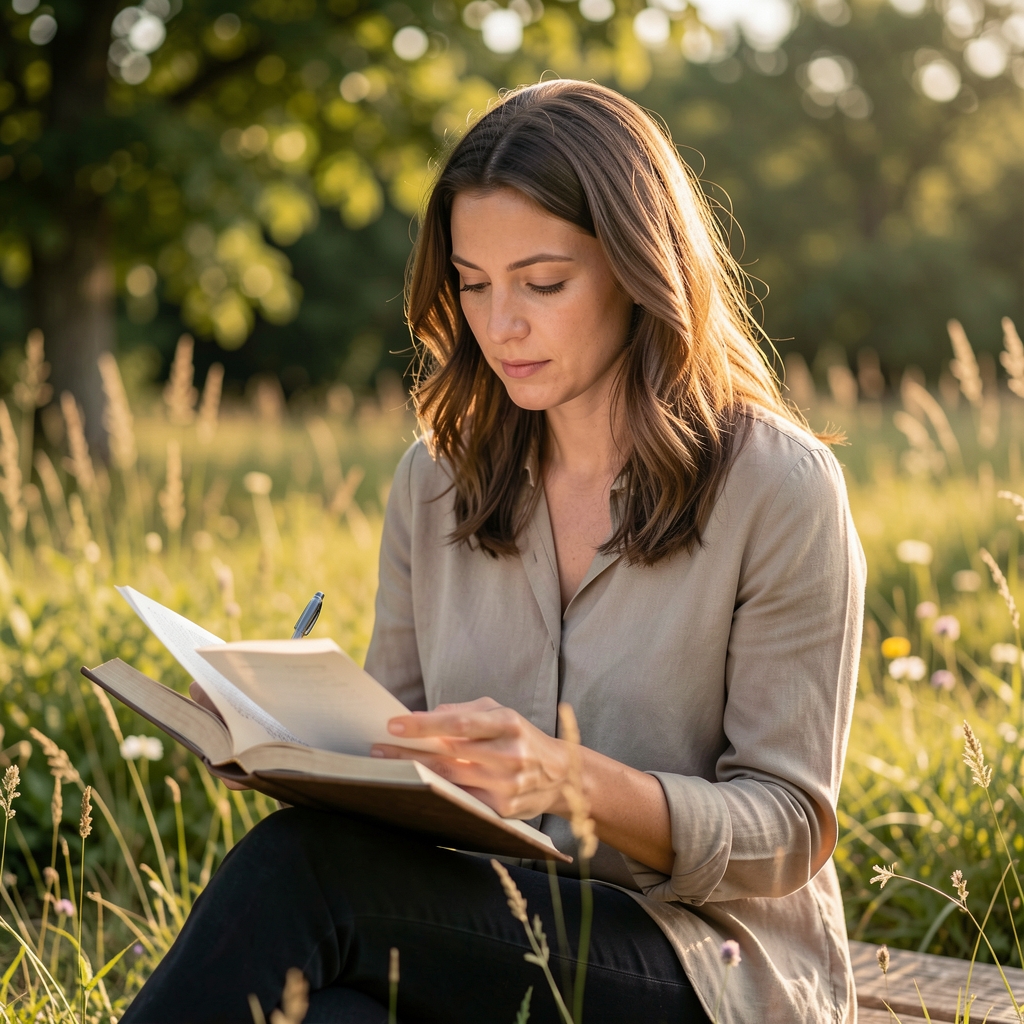 Female writer photographed outdoors in natural afternoon light, representing an observational and field-notes approach to editorial work
