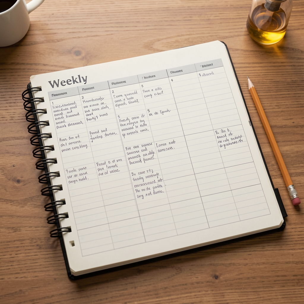 A weekly planner laid flat on a desk with handwritten notes and a pencil, representing structured habit formation and weekly eating rhythm