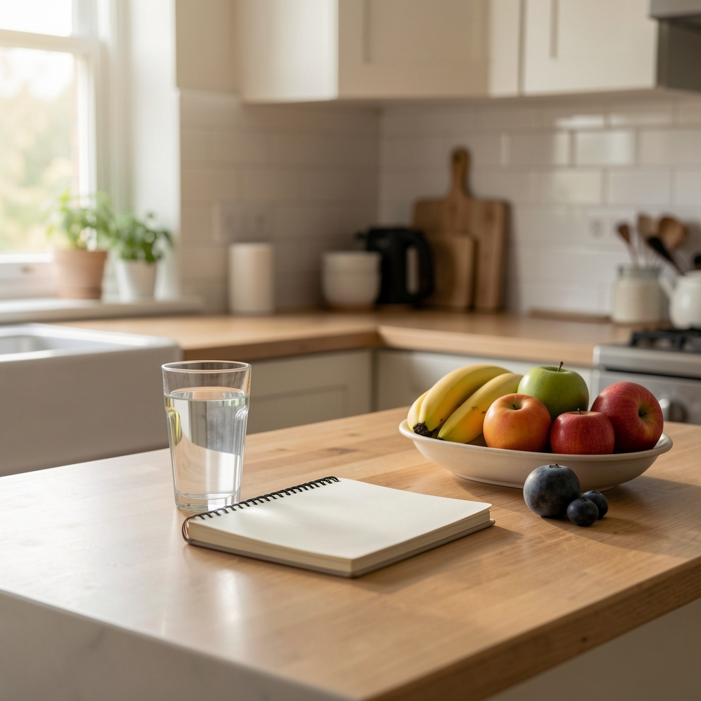 A quiet kitchen counter in natural morning light with a glass of water, notebook and fresh fruit, representing a calm and consistent food environment