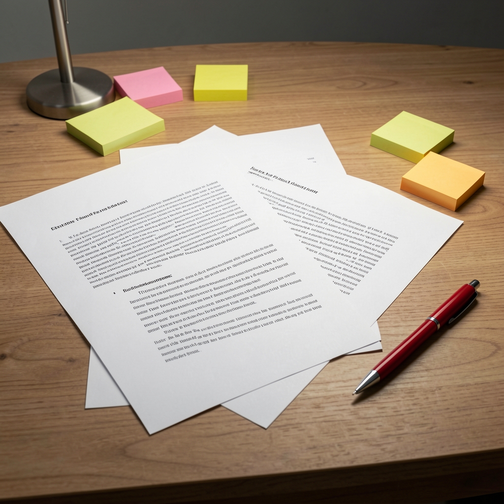 Editorial desk with printed article drafts, sticky notes, and a red pen under controlled studio lighting