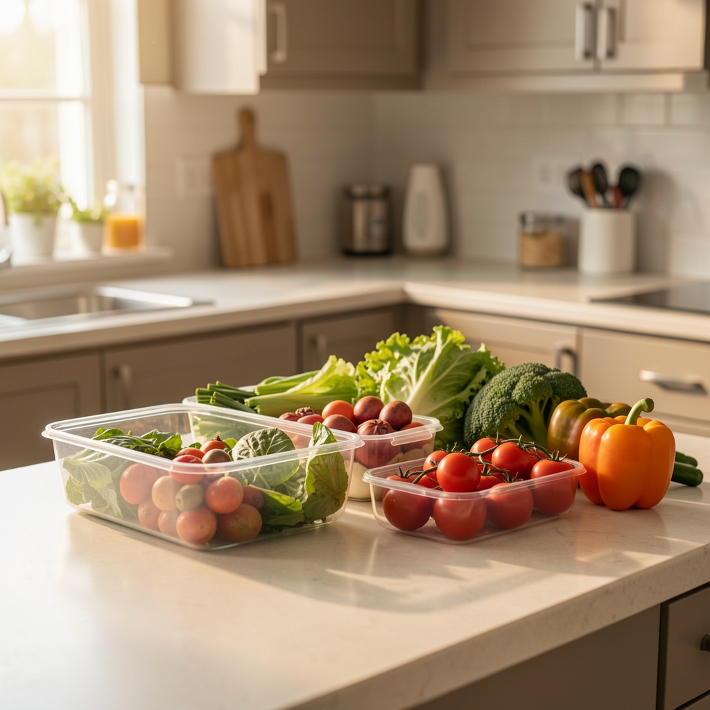 A simple meal prep layout on a kitchen counter with containers and fresh vegetables under warm morning light